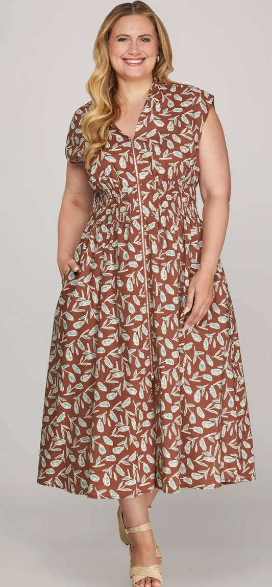 Drop Shoulder Smocked Waist Front Zip Printed Midi Dress with Pockets