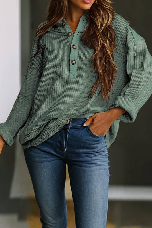 Waffle Long Sleeve Collar Half Button Loose Top