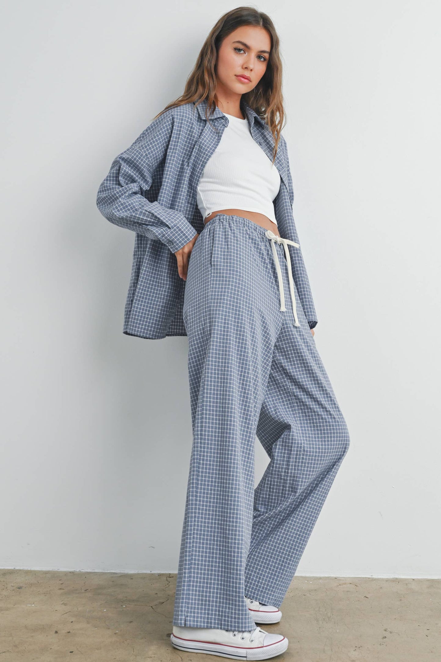 High Waisted Drawstring Check Pants