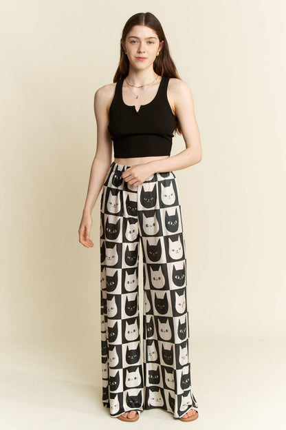 Mid-Rise Cat Face Satin Pants