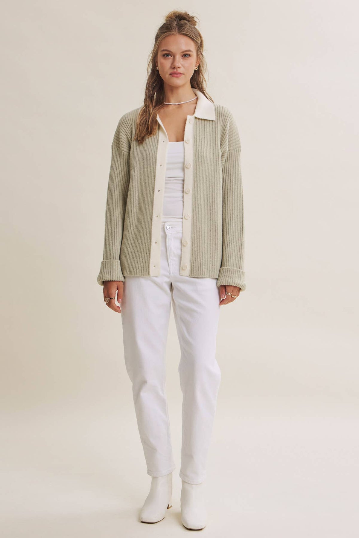 Contrast Collar Ribbed Cardigan