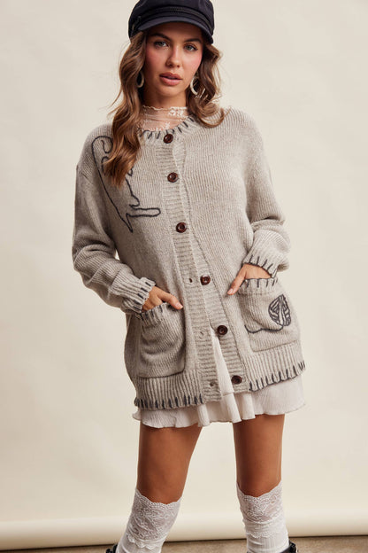 Whimsical Cat Knit Cardigan