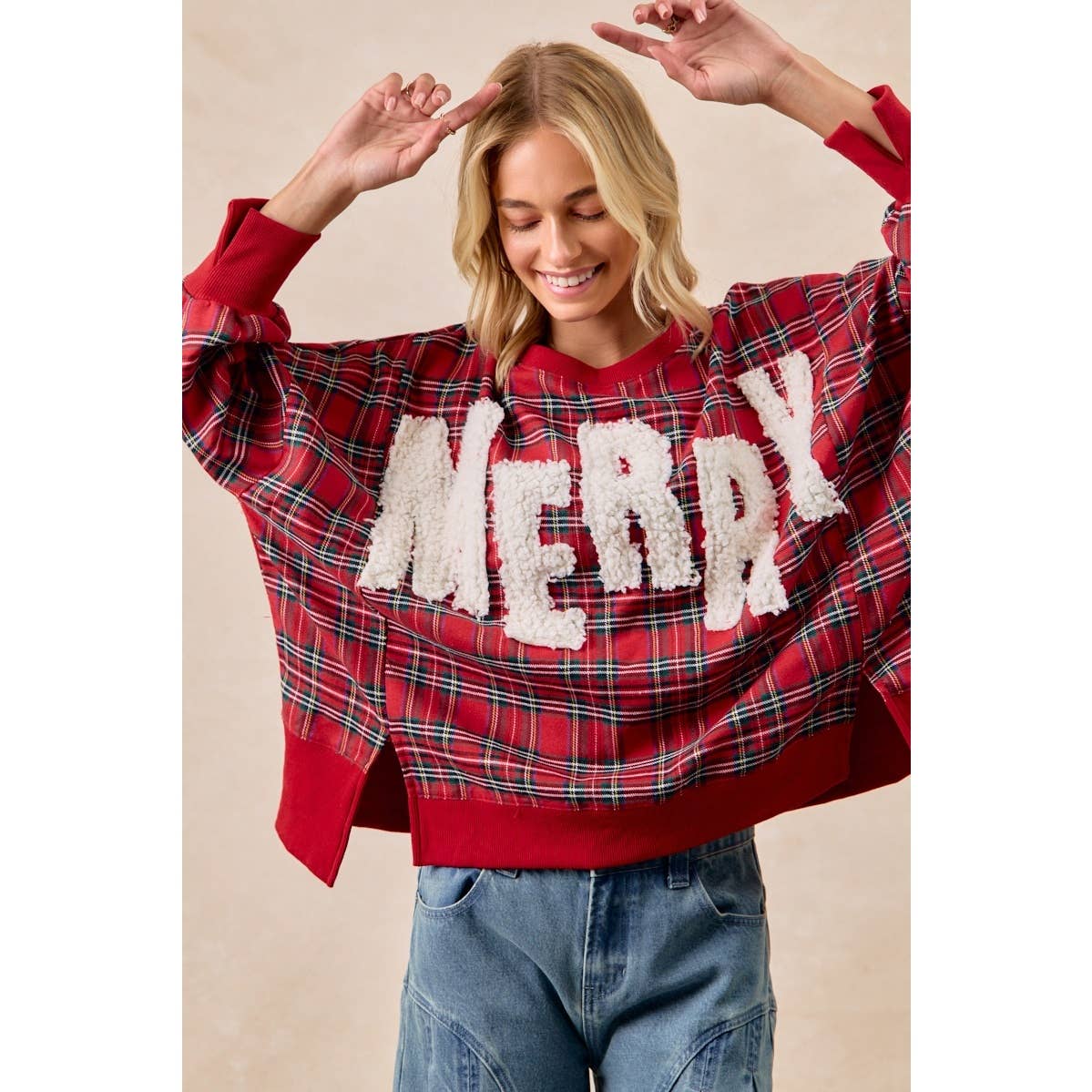 Merry Letter Patches Plaid Sweatshirt