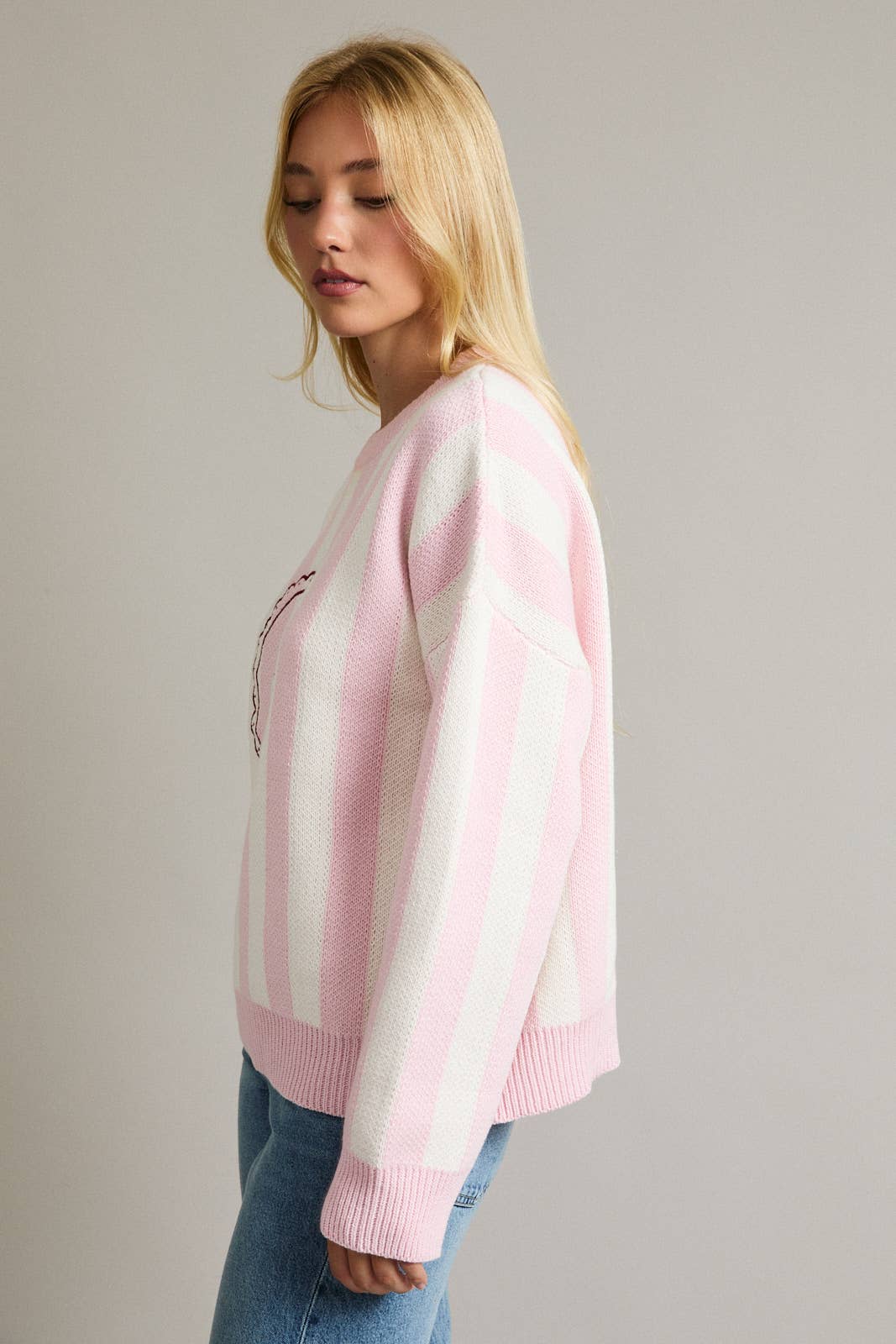 Stripe Knit Sweater w Tree Embroidery