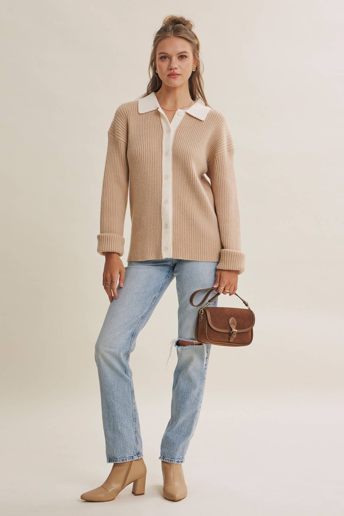 Contrast Collar Ribbed Cardigan
