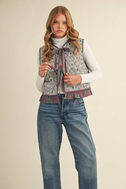 Quilted Block Print Ruffle Vest