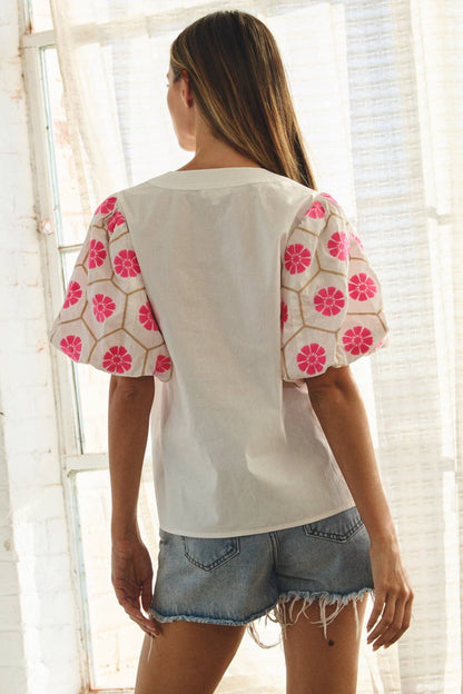 Embroidered Sleeve V-Neck Blouse