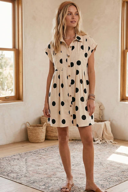 Polka Dot Button Down Pleated Poplin Mini Dress