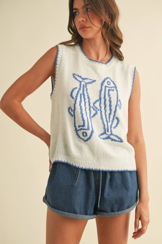 Fish Printed Sleeves Sweater