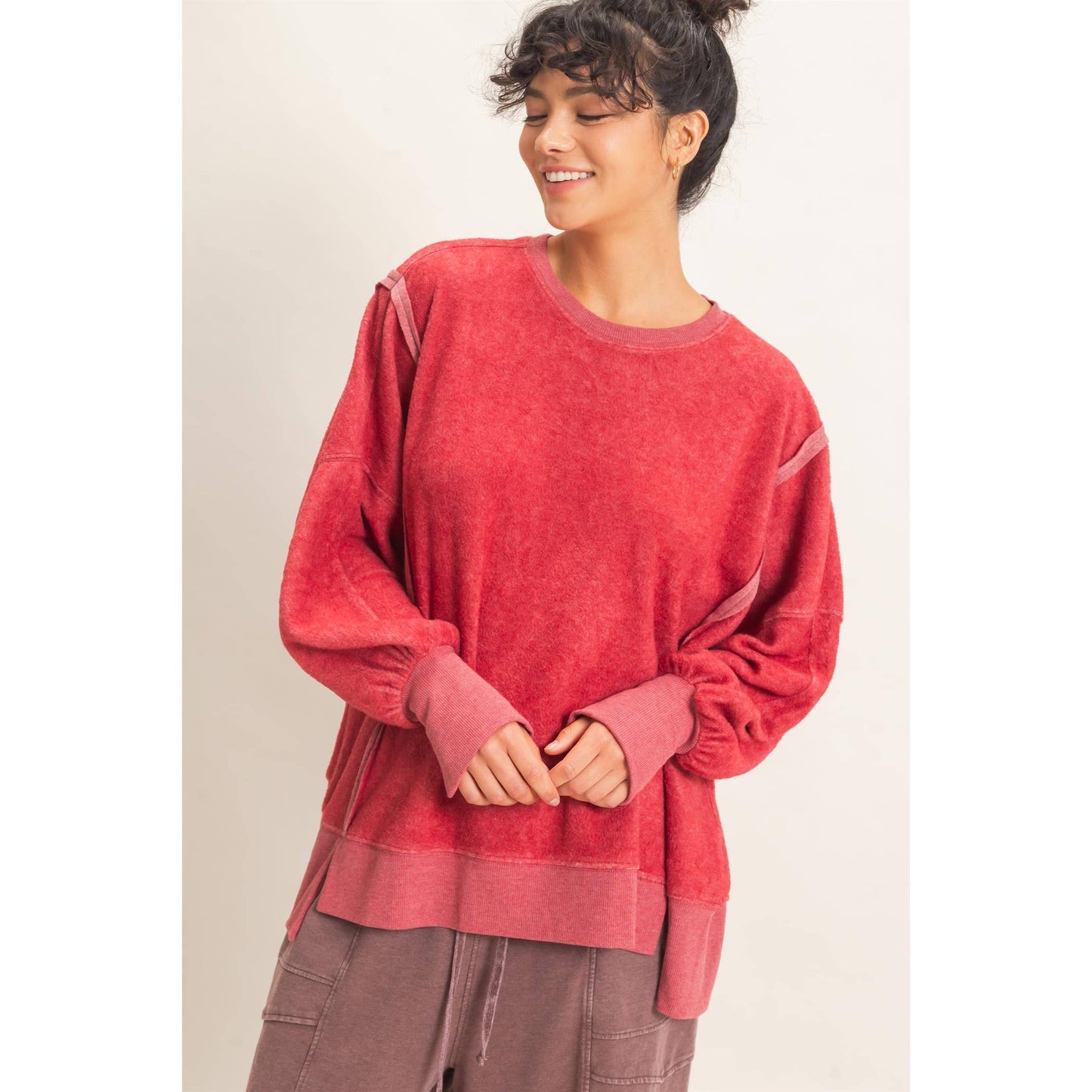 Oversized Raw Edge Crew Neck Sweatshirt