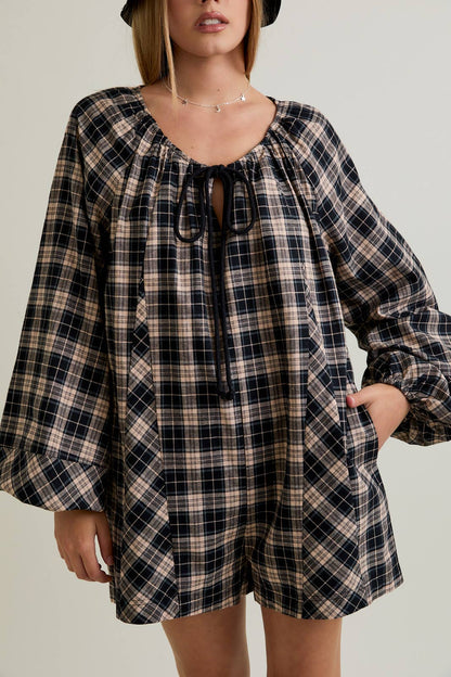 Round Neck Plaid Flannel Romper