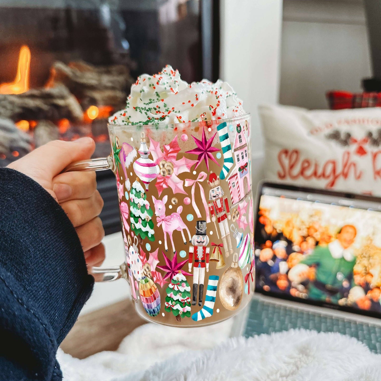 Whimsical Christmas Clear Glass Mug with Lid & Straw