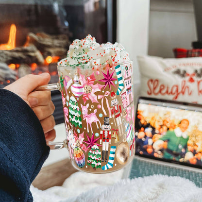 Whimsical Christmas Clear Glass Mug with Lid & Straw