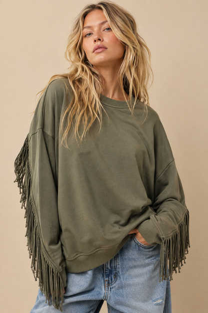 Fringe-Trimmed Oversized Sweatshirt
