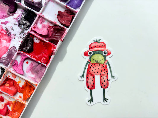 Strawberry Frog in Clothes Vinyl Sticker - Cottagecore Frog