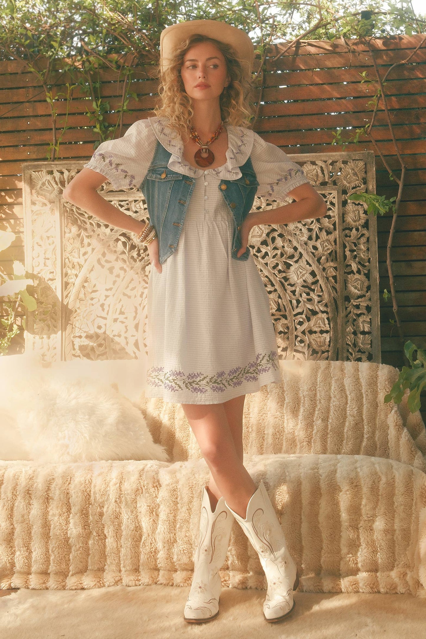 Embroidered Ruffle Collar Textured Gingham Dress