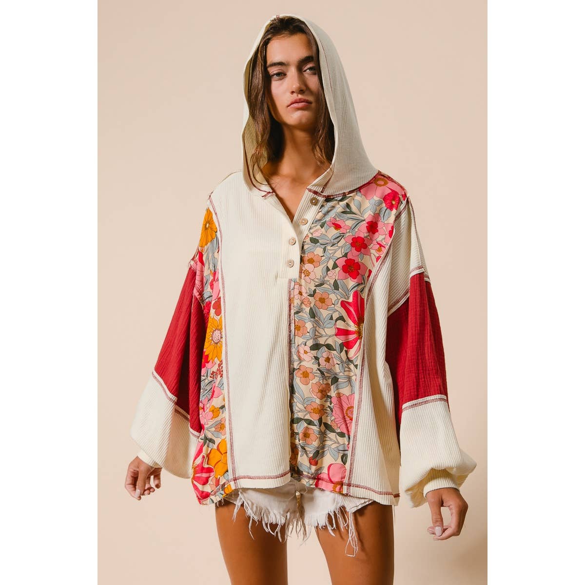 Knit and Print Mixed Hoodie