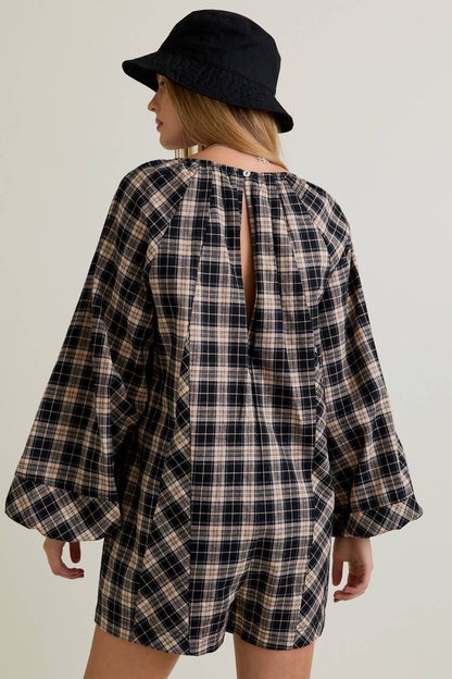 Round Neck Plaid Flannel Romper