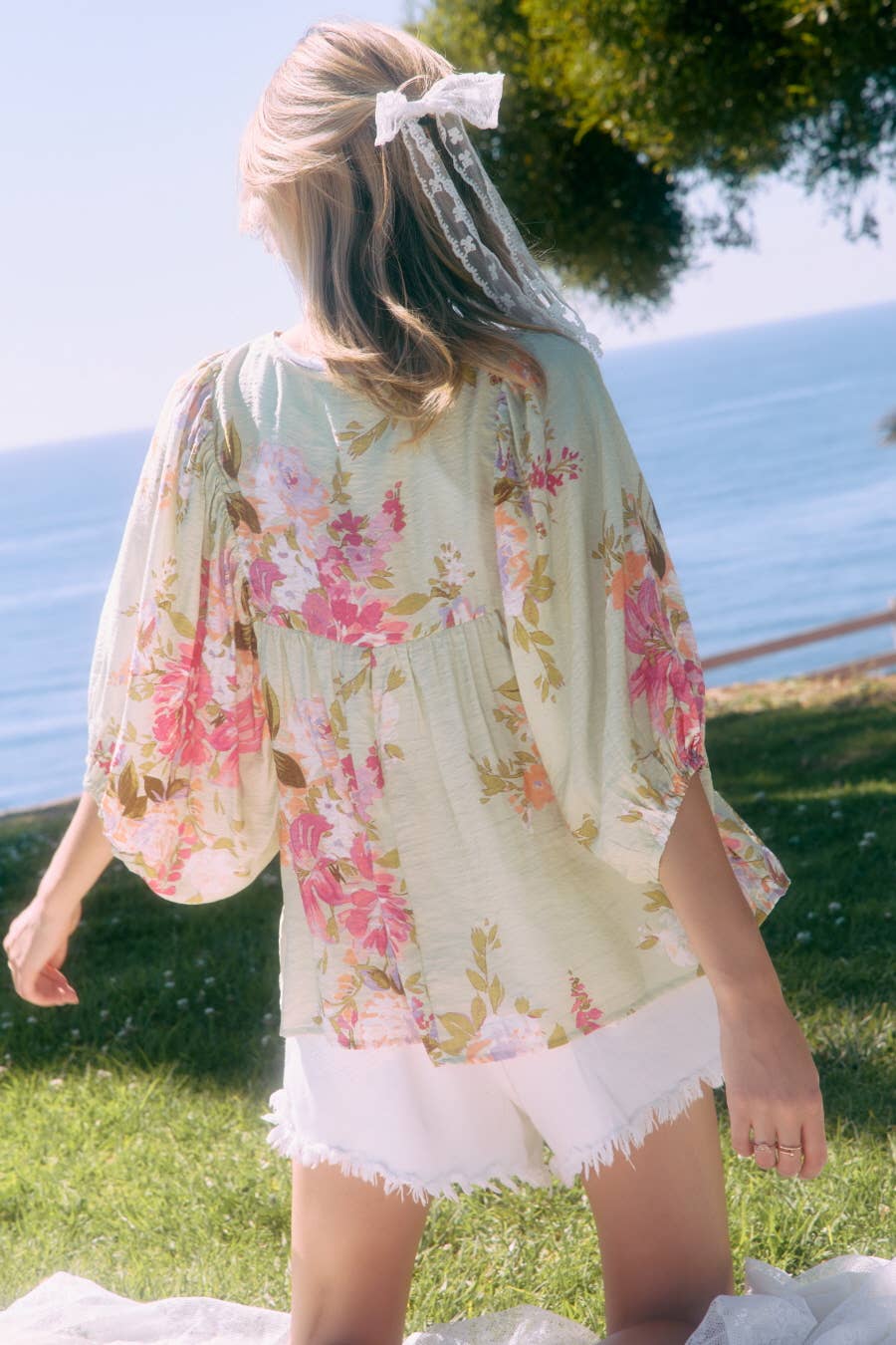Floral Printed Batwing Sleeve Front Tie Top