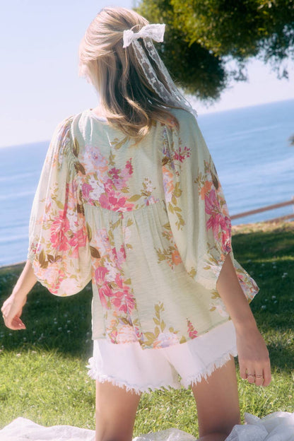 Floral Printed Batwing Sleeve Front Tie Top