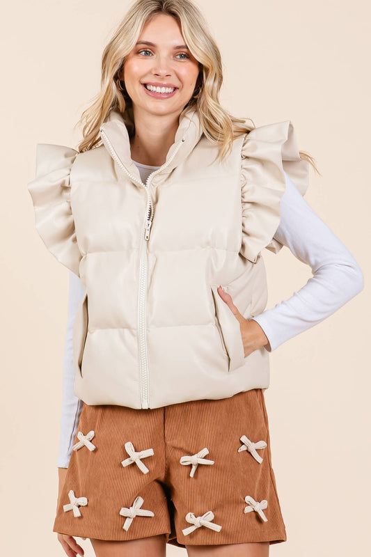 Faux Leather Ruffle Sleeve Puffer Vest