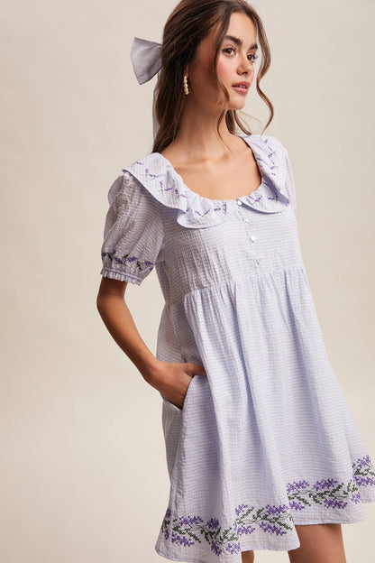 Embroidered Ruffle Collar Textured Gingham Dress