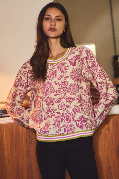 Ribbed Neck Floral Print Knit Top