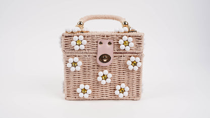 Wicker Bucket Daisy Flower Purse: Cream + Light Pink Daisy