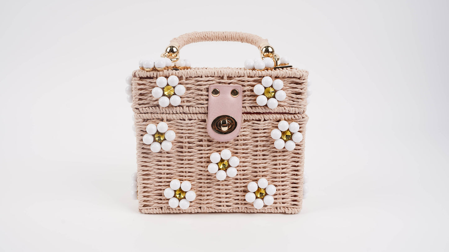 Wicker Bucket Daisy Flower Purse: White + Blue Daisy / Yellow Rhinestone
