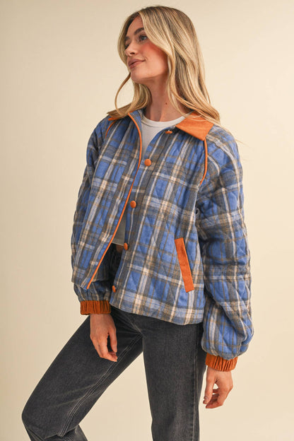 Plaid & Corduroy Contrast Quilted Jacket