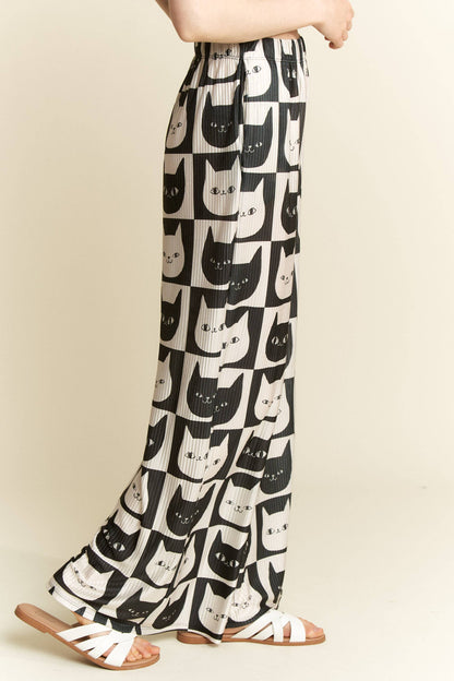 Mid-Rise Cat Face Satin Pants