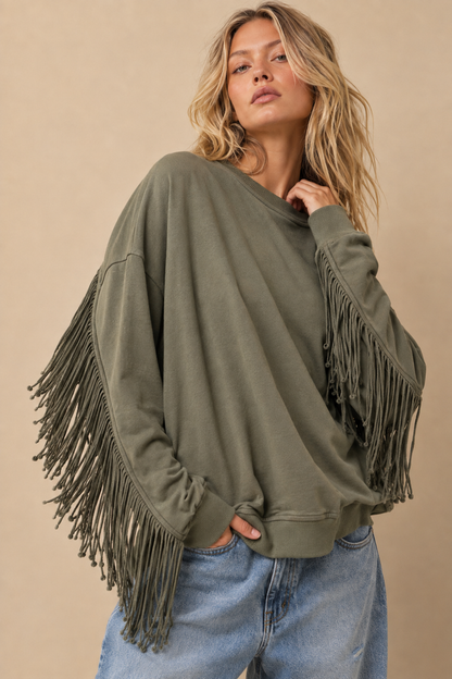 Fringe-Trimmed Oversized Sweatshirt