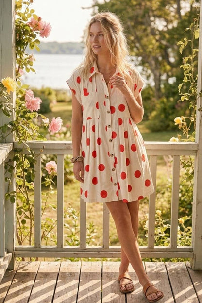 Polka Dot Button Down Pleated Poplin Mini Dress