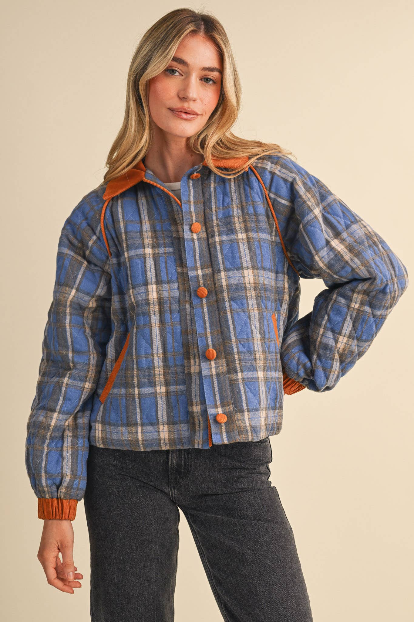 Plaid & Corduroy Contrast Quilted Jacket