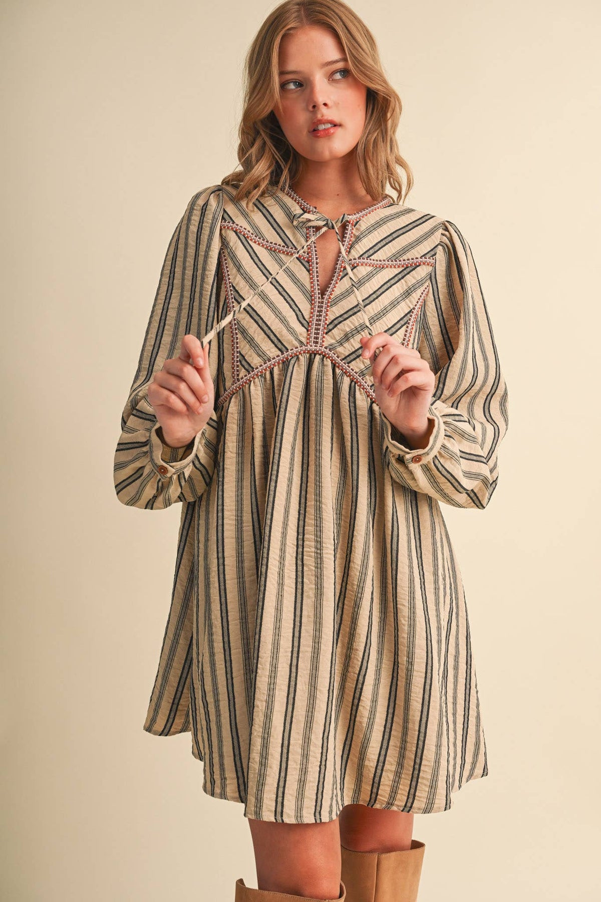 Striped Mini Dress With Contrast Rope