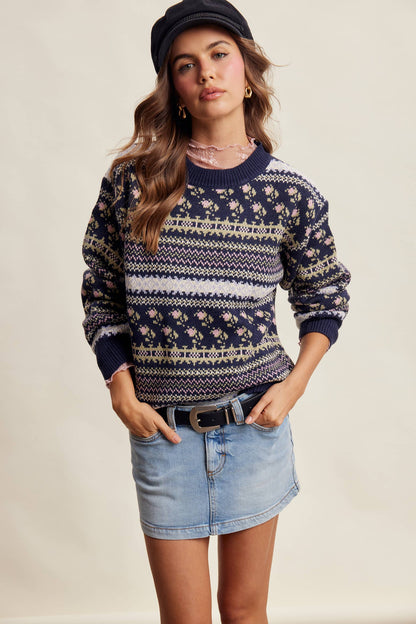 Fair Isle Floral Knit Sweater