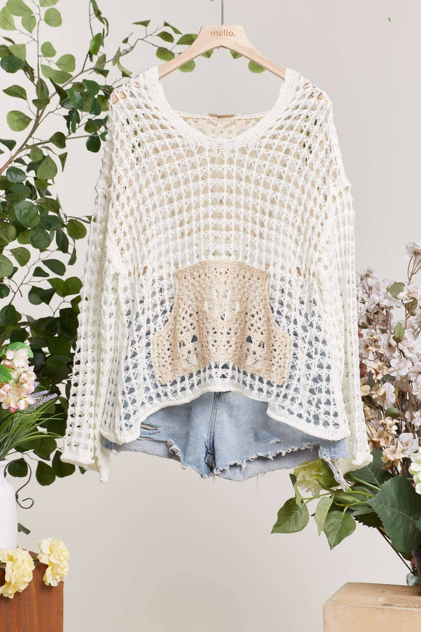 Hooded Wide V Neck Crochet Top with Front Pocket