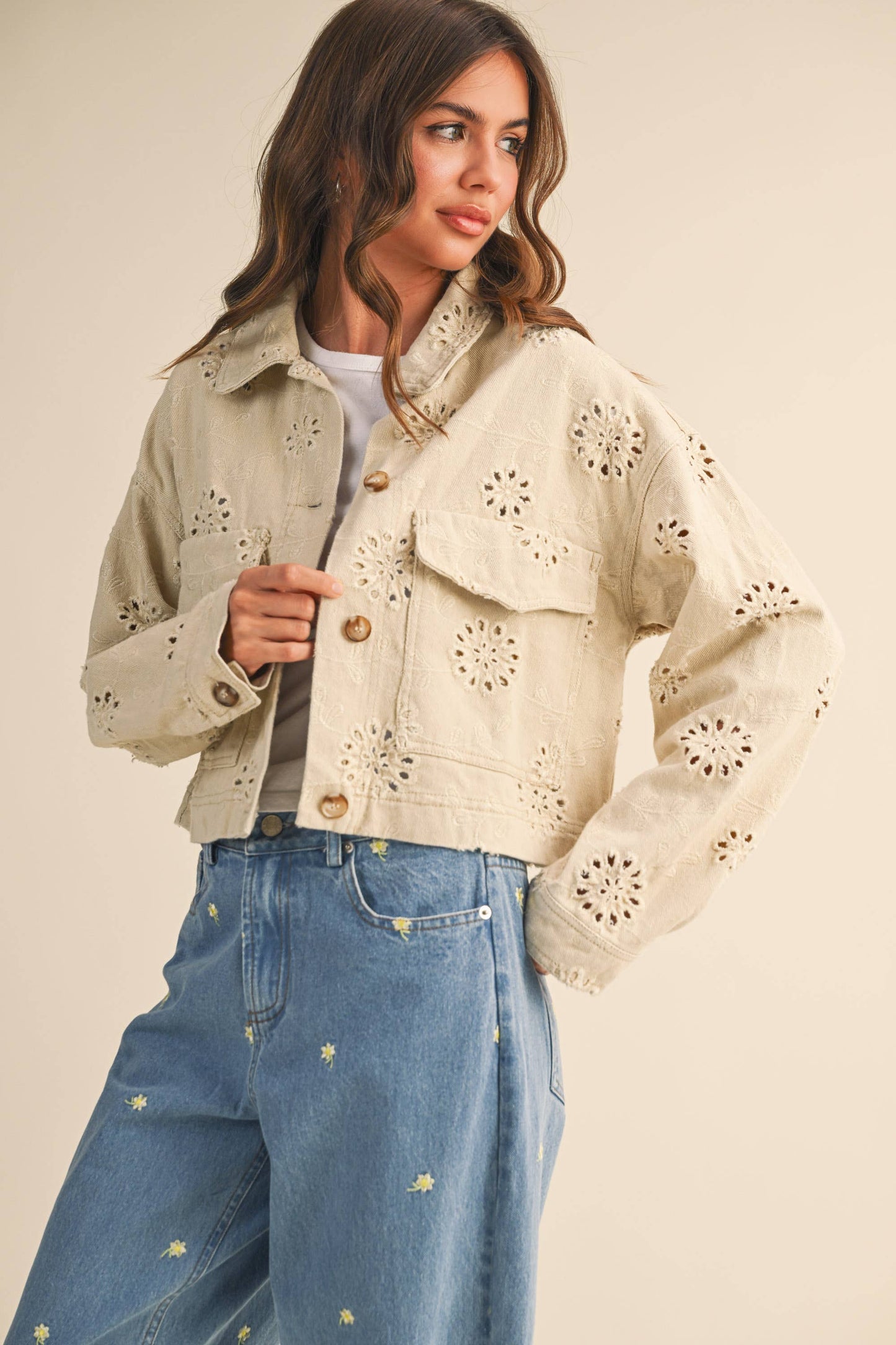 Eyelet Twill Cropped Trucker Jacket