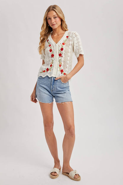 Floral Embroidered Crochet Cardigan
