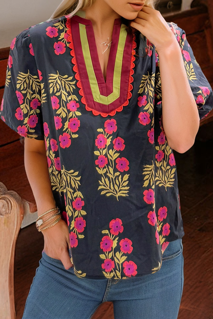 Floral Short Bubble Sleeve Contrast Top
