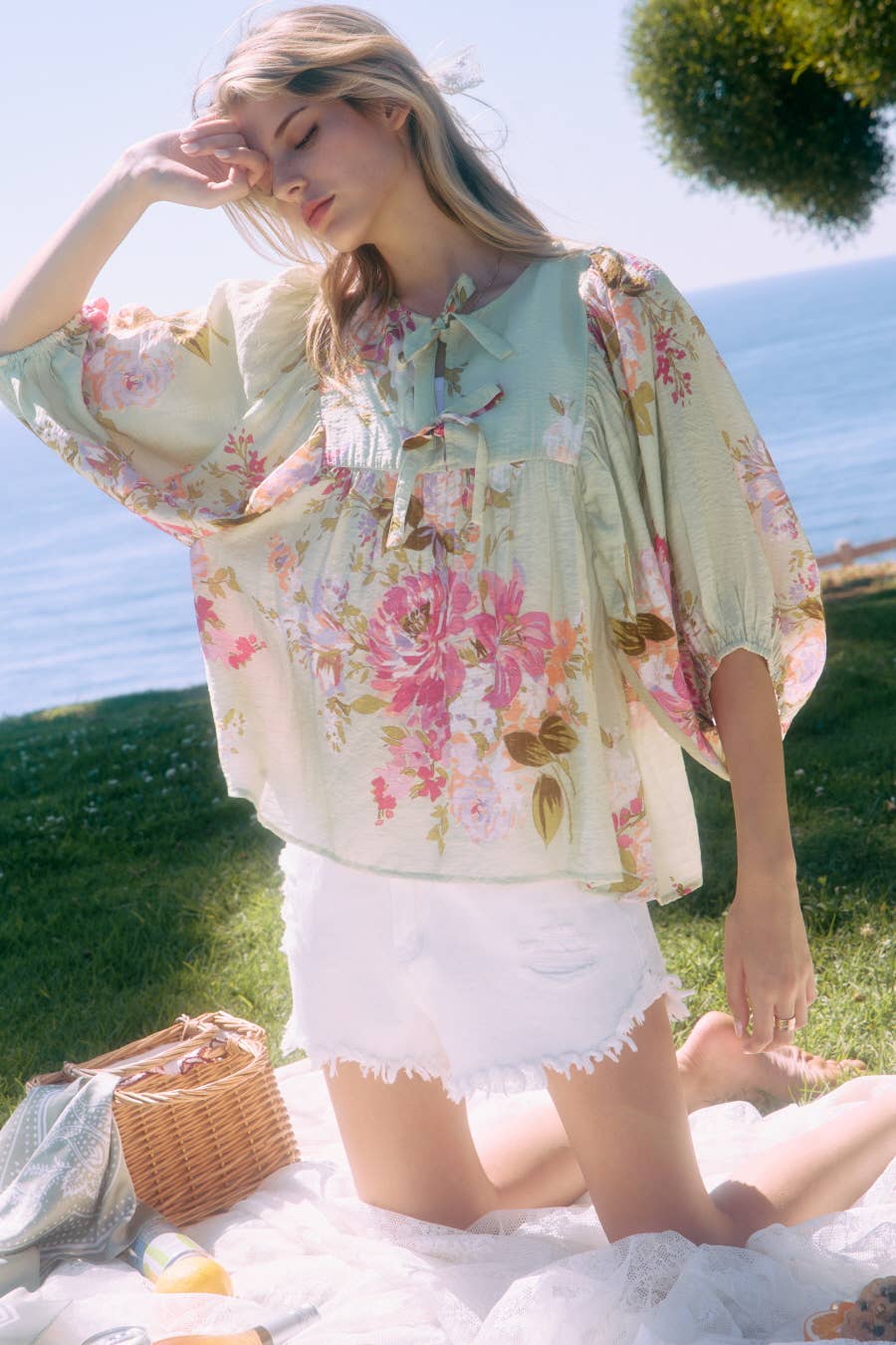 Floral Printed Batwing Sleeve Front Tie Top