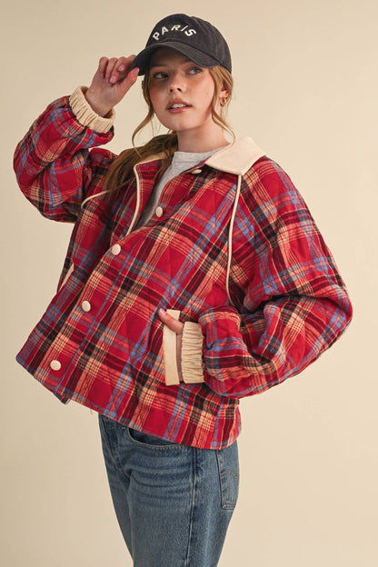 Plaid & Corduroy Contrast Quilted Jacket