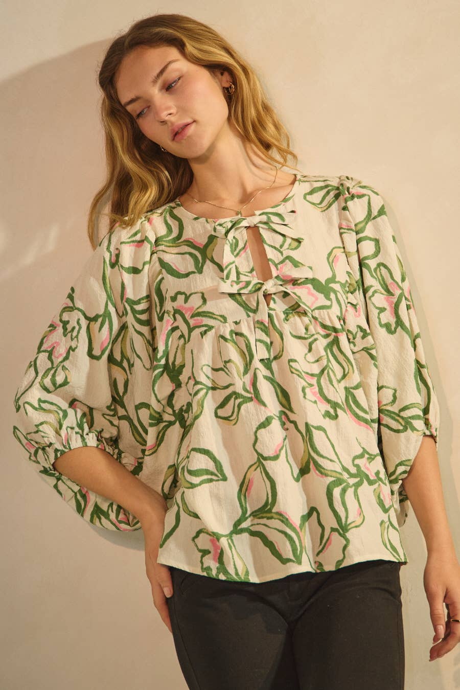 Tie Front Textured Floral Printed Blouse