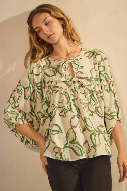 Tie Front Textured Floral Printed Blouse