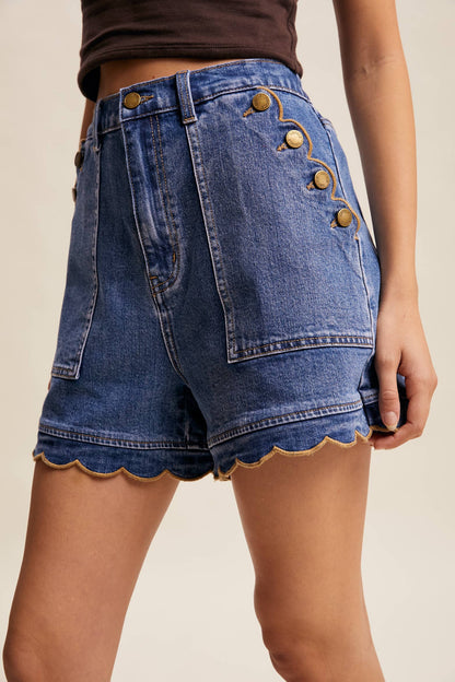 Scallop Button-Side Denim Shorts