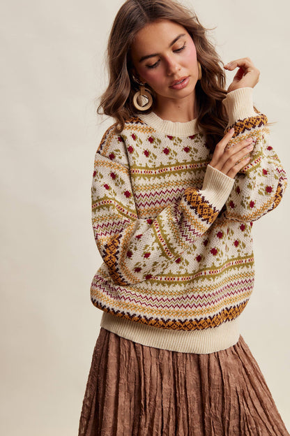 Fair Isle Floral Knit Sweater