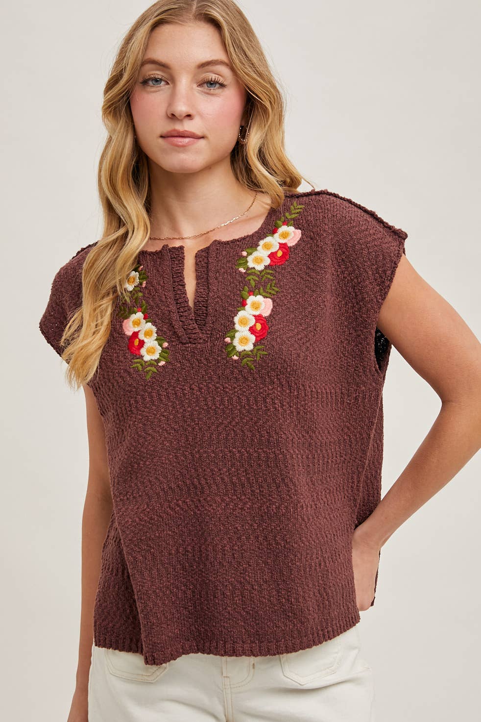 Embroidered Notch Neck Knit Top