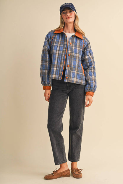 Plaid & Corduroy Contrast Quilted Jacket