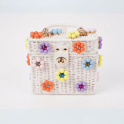 Wicker Bucket Daisy Flower Purse: White + Light Pink Daisy