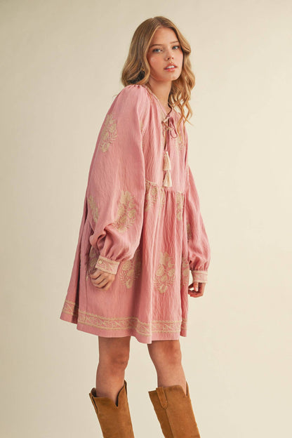 Embroidered Puff Sleeve Mini Dress